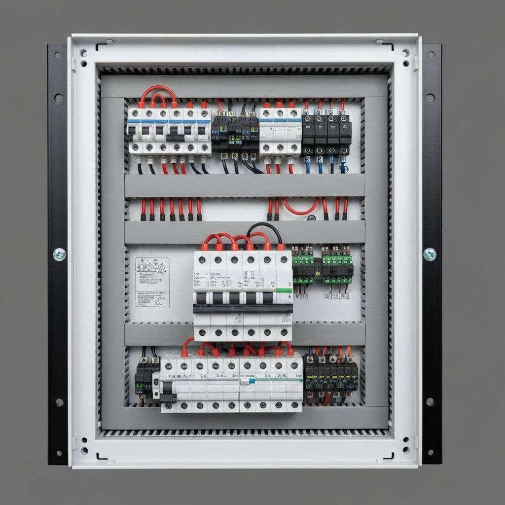 Close-up of an open electrical panel with multiple circuit breakers.