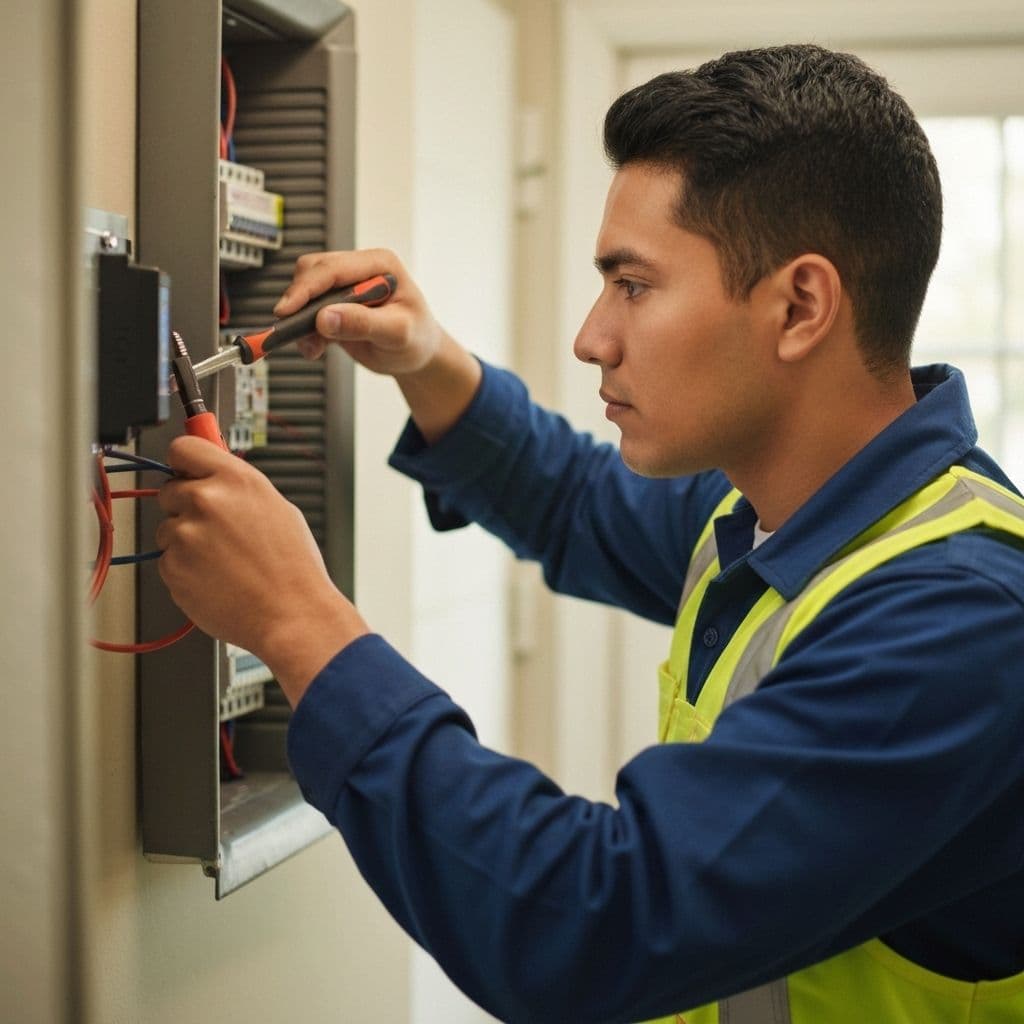 Electrician performing a safety inspection on a residential electrical outlet.