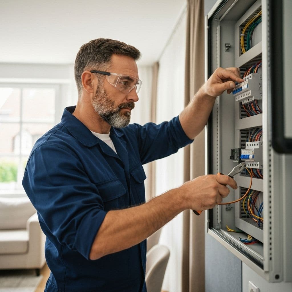 Professional electrician working on modern electrical panel